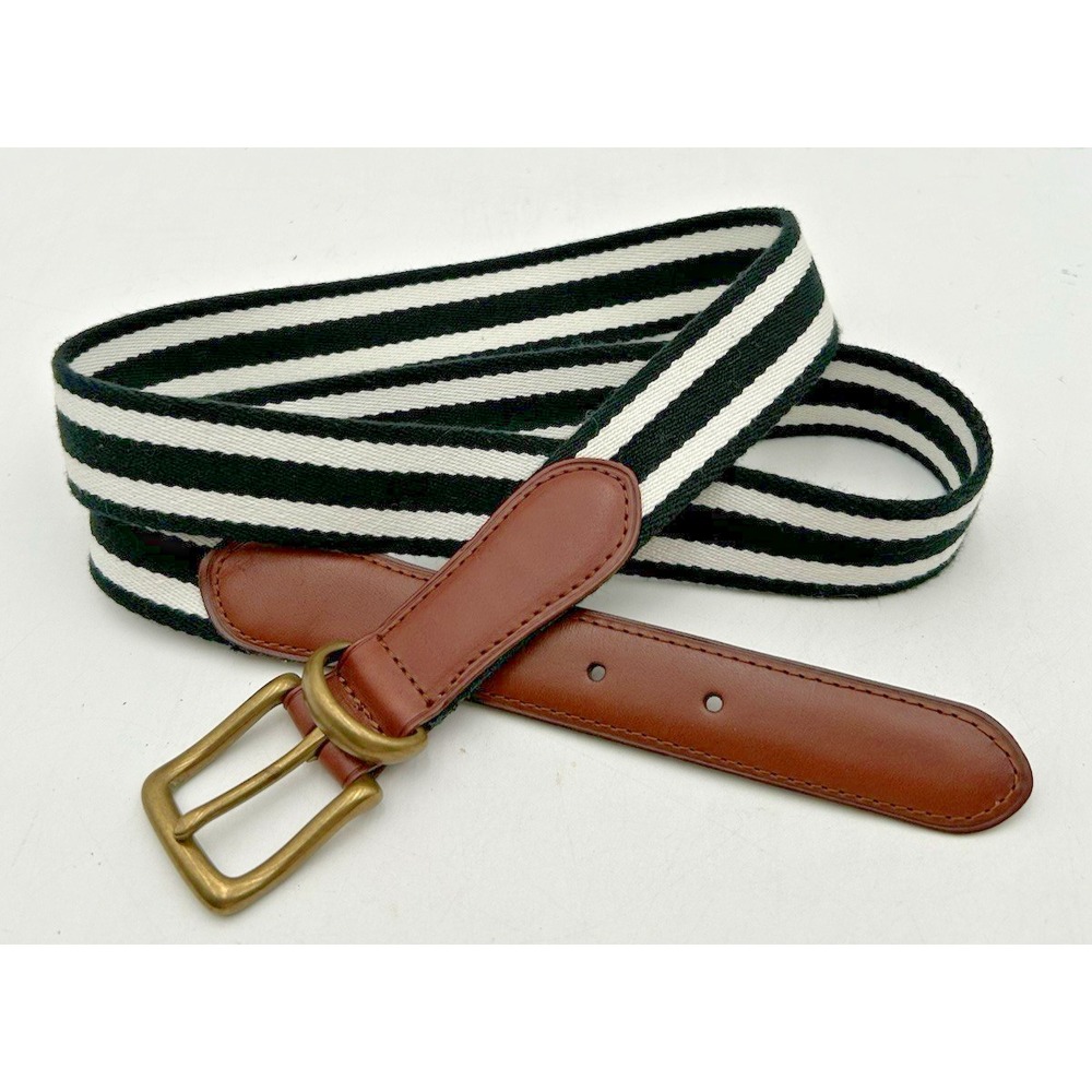 Polo Ralph Lauren Black & White Stripe Canvas & Leather Belt Mens Size 40 Preppy